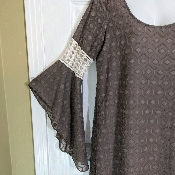 VaVa by Joy Han Brown Boho Textured Pattern Bell Sleeve Mid Dress - size S - Picture 3 of 14